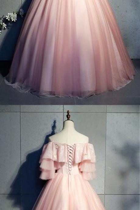 Pink Tulle Strapless Embroidery Long Pageant Prom Dress, Short Sleeve Quinceanera Dress M327