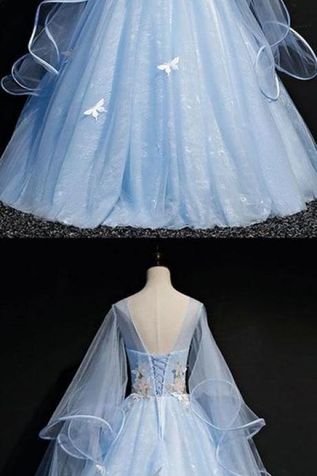Blue Tulle A Line Custom Made Long Sweet 16 Prom Dress, Blue Tulle Evening Dress M328