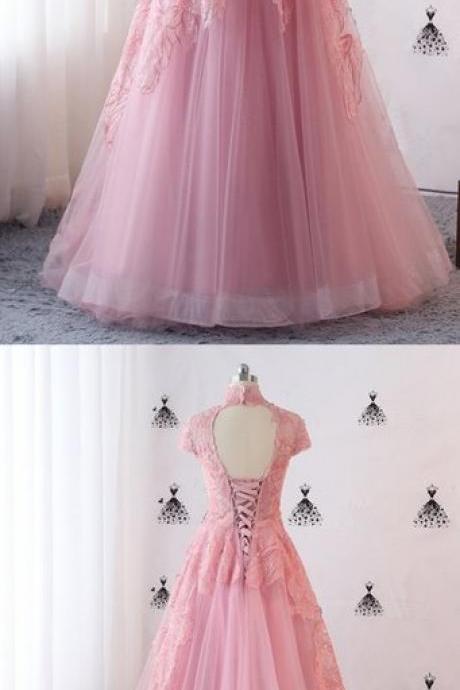 Unique Pink Tulle Large Size High Neck Women Formal Prom Dress With Sleeve M329