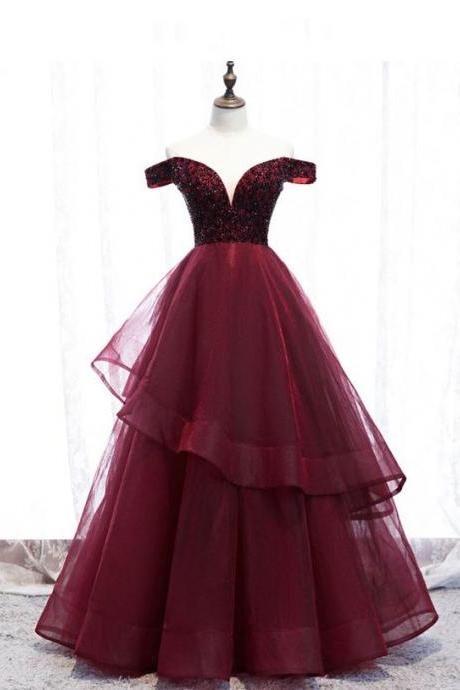 Burgundy Tulle Beads Long Prom Gown Evening Dress M331