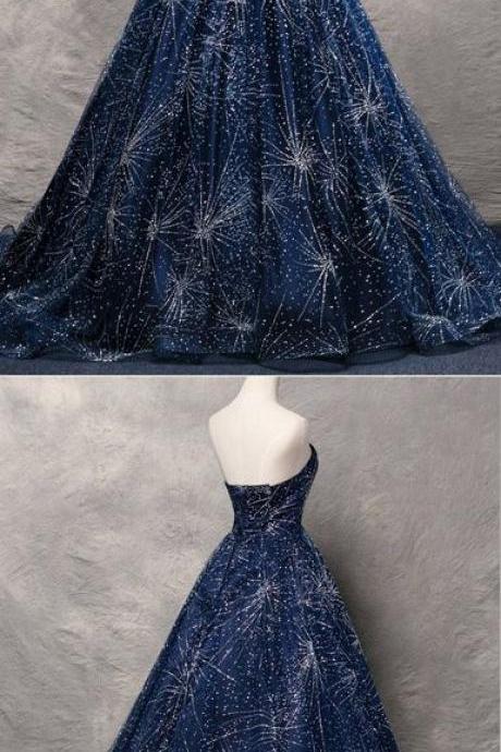 Shining Navy Blue Long Prom Dress,strapless A-line Full Length Party Formal Dress M336