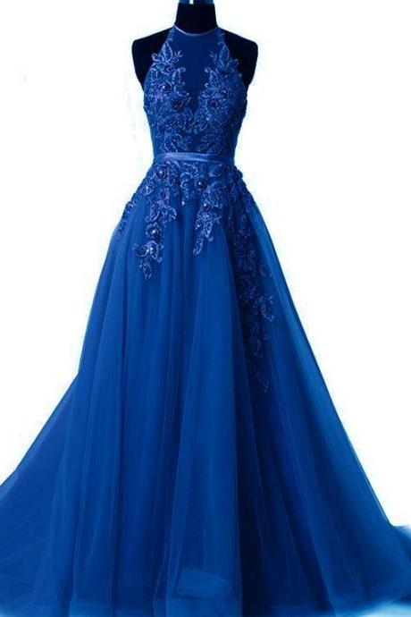 Modest Royal Blue Prom Dresses, Unique Party Dresses With Lace, Elegant Evening Gowns With Appliques M337