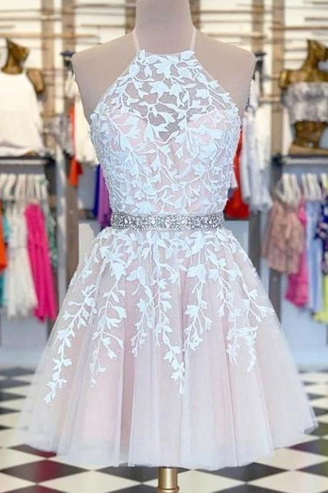 Cute A Line Halter Pink Homecoming Dress With Appliques M341