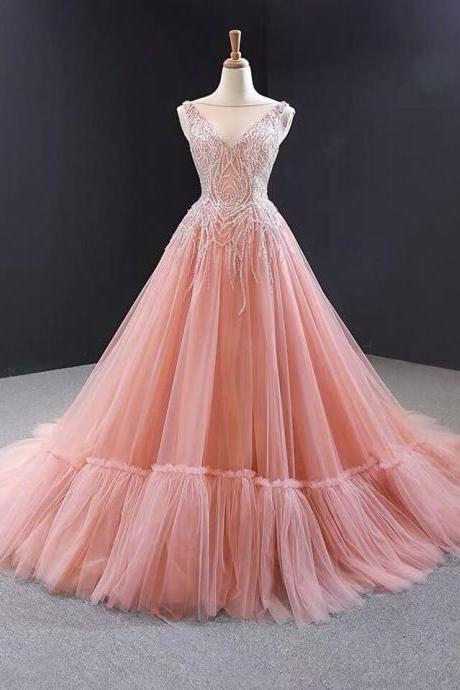 A-line Pink Luxurious Long Prom Dress Sweep Train Quinceanera Dresses M342