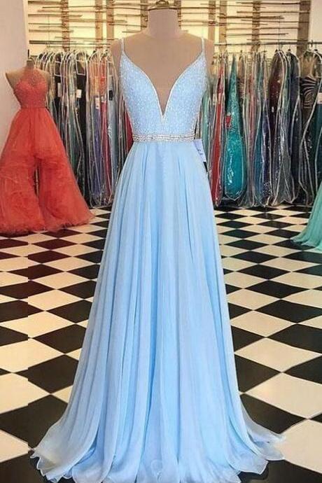 Light Blue Prom Dress,chiffon Prom Dress,mermaid Prom Dress,v Neck Prom Dress M343