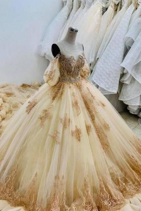 A-line Long Prom Dress Vintage Lace Princess Wedding Dress M348