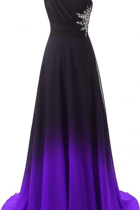 One Shoulder Ombre Long Evening Prom Dresses Chiffon Wedding Party Gowns M350