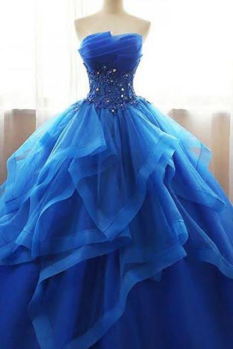 Chic Ball Gowns Strapless Royal Blue Beading Applique Long Tulle Prom Dress Evening Dress M351