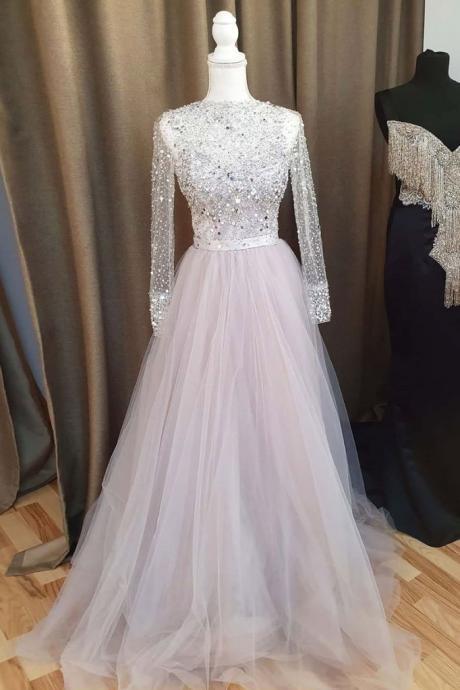 A Line Silver Sequins Long Sleeve Dress Formal Dress Prom Dresses m354