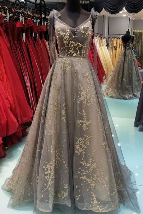 Gray Lace V Neck Long Customize A Line Formal Dress, Prom Dress M357