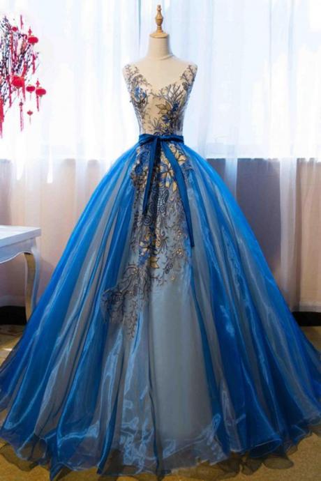Blue Quinceanera Dresses,organza Prom Gown,v-neck Prom Dresses M358