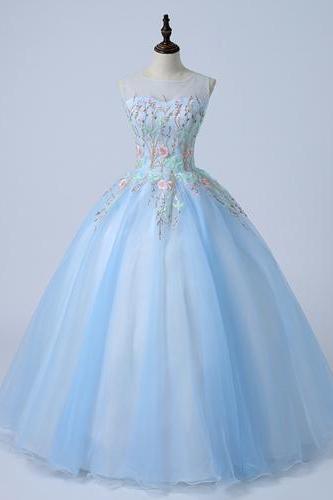 Ice Blue Tulle Embroidery Long Custom Made Evening Dress, Formal Dress M360