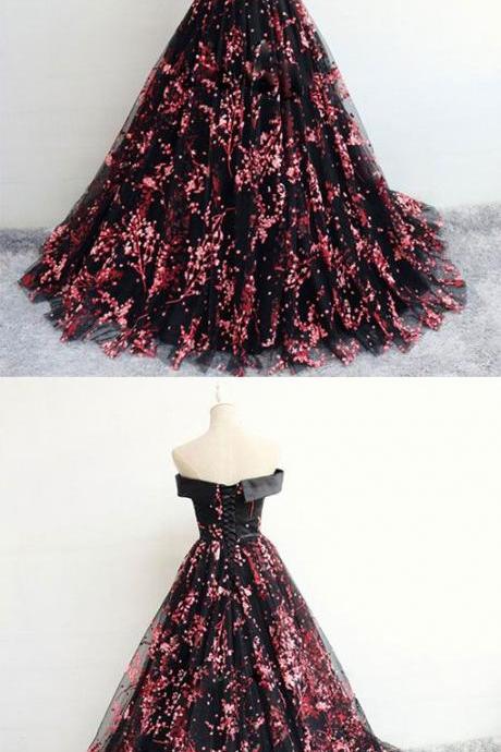Black Tulle Lace Long Prom Dress, Black Evening Dress M372