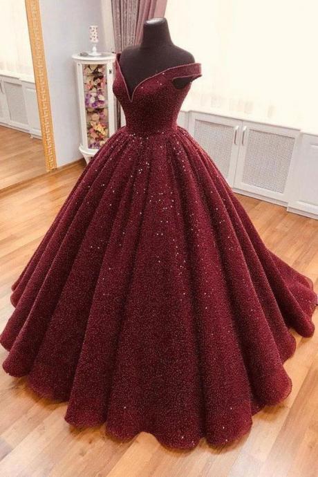 Burgundy Tulle V Neck Off Shoulder Long Lace Up Ball Gown, Formal Prom Dress M373