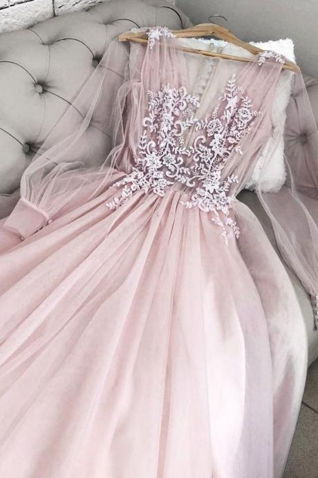 Pink Party Dress V Neck Tulle Long Prom Dress, Long Sleeves Evening Dress Applique Formal Dress M374