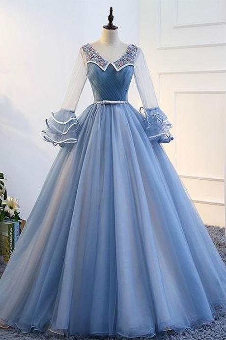 Blue Long Sleeve Tulle Quinceanera Dresses M379