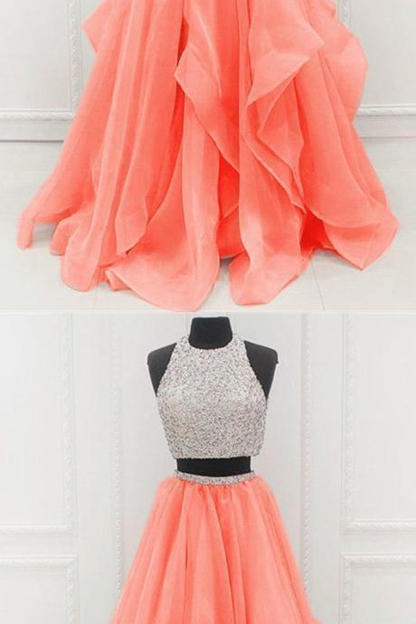 Two Piece A Line Beaded Tulle Unique Prom Dresses M382