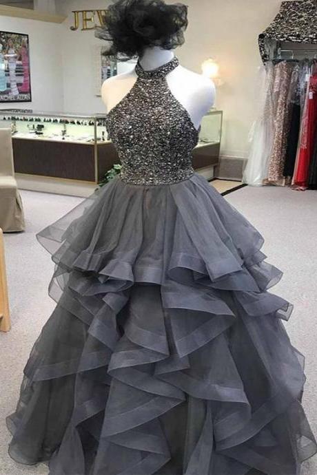 Gray Tulle Open Back Strapless Long A-line Evening Dress, Long Sequins Homecoming Dress M383
