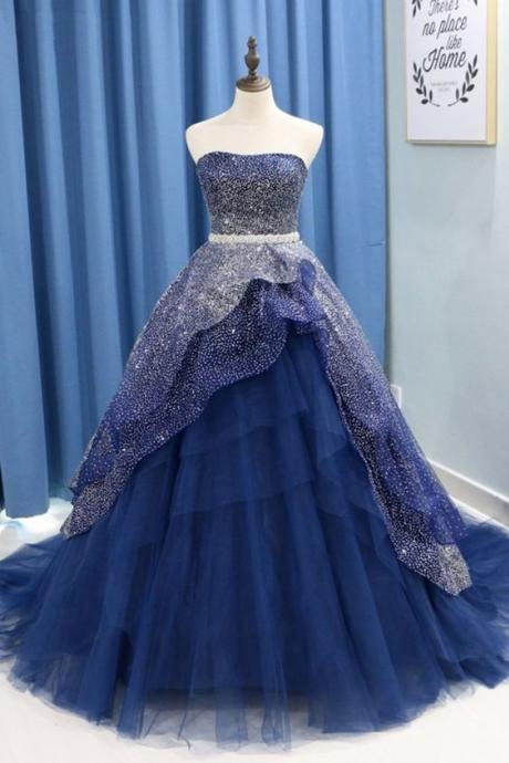 Navy Blue Tulle Strapless Beaded Long Layered Evening Dress, Prom Dress M385