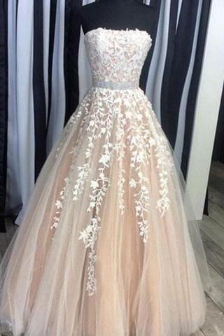 Custom-made Lace Appliques Tulle Long Wedding Dress,strapless Prom Evening Dresses M390