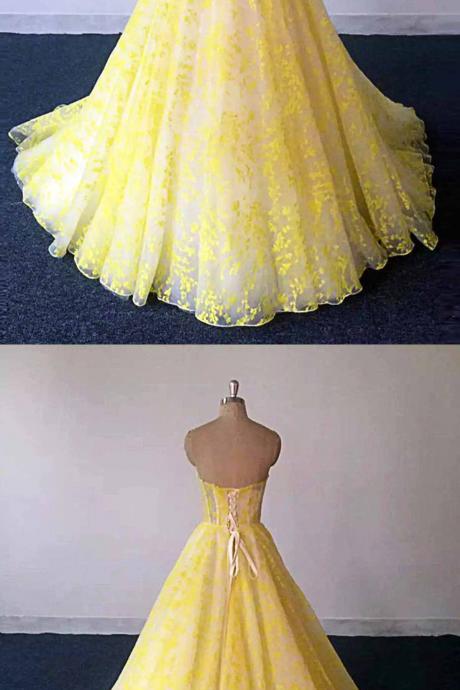 Yellow Lace Strapless Long Customize Size Evening Dress, Prom Dress For Teens M391