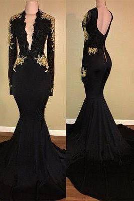 Sexy Black Prom Dress,mermaid Long Sleeve Evening Dress M393