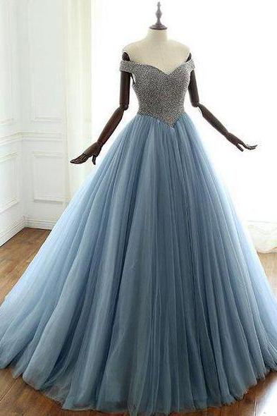 Blue V Neck Beads Long Prom Dress, Blue Evening Dress M395