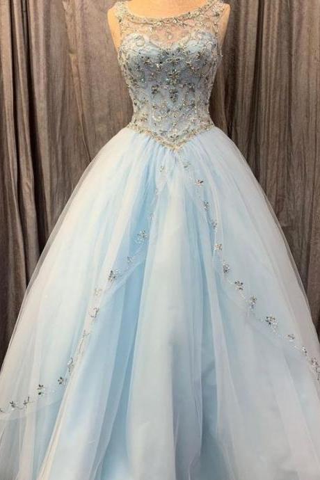 Princess Light Blue Beaded Tulle Long Quincerean Dress M396