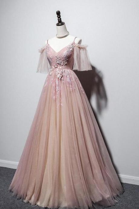 Pink V Neck Tulle Long Prom Dress Pink Evening Dress M400