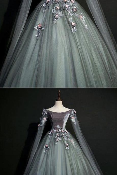 Green Gray Tulle Long Sleeve A Line Evening Dress, Long Velvet Prom Dress M401