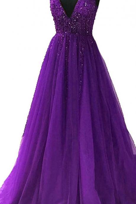 V-neck Evening Dresses Sequins Tulle High Split Prom Formal Party Gown M404
