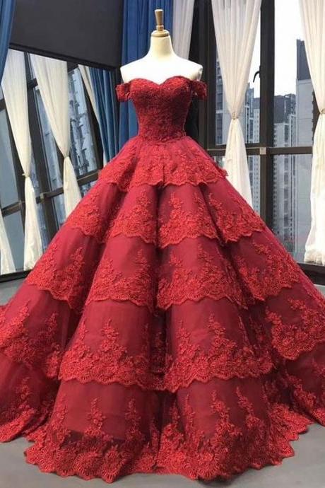 Sweetheart Burgundy Lace Sweep Train Layered Ball Gown, Prom Dress With Sleeves M405
