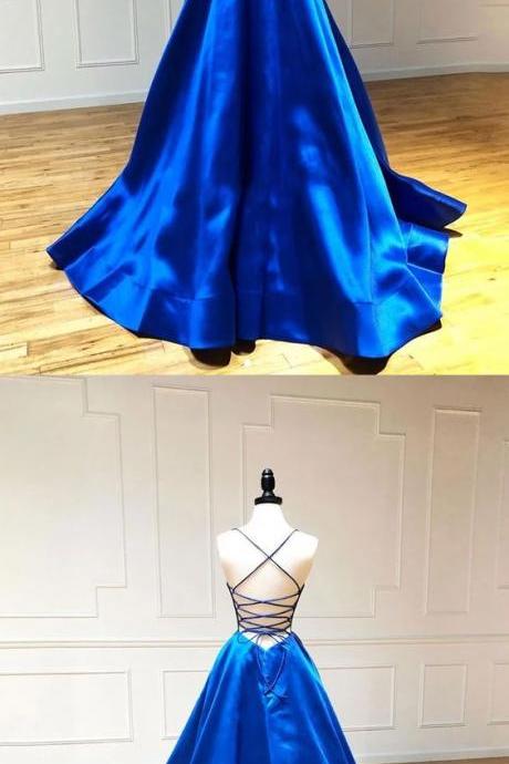A-line Spaghetti Straps Royal Blue Long Prom Dresses Party Dresses M406