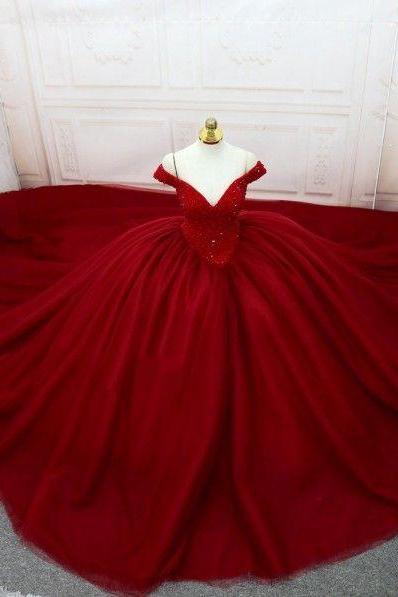 Red Gothic Beading Off-the-shoulder Ball Gown Wedding Dress M407
