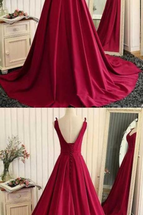 Simple A Line V Neck Lace Up Long Red Satin Prom/evening Dresses With Sweep Train M408