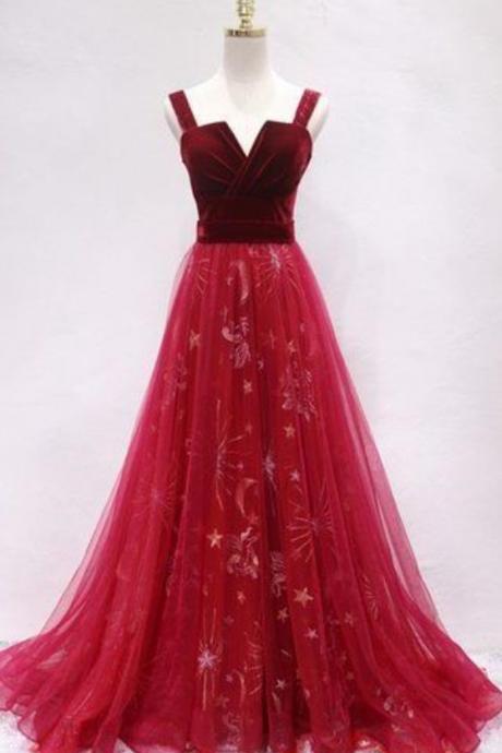 Burgundy Velvet V Neck Long Tulle A Line Prom Dress, Evening Dress M410