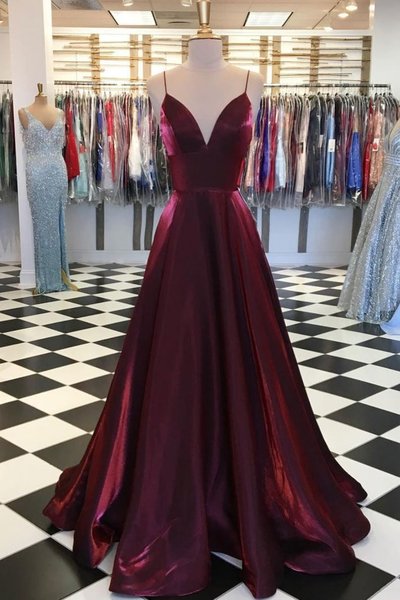 Simple Burgundy Satin V Neck Long Evening Dress, Prom Dress M413