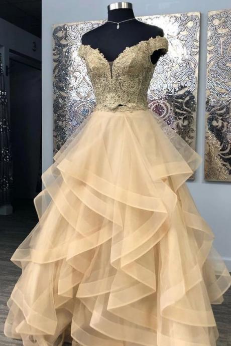 Glamorous Two Piece Off The Shoulder Champagne Prom Dresses With Appliques M420