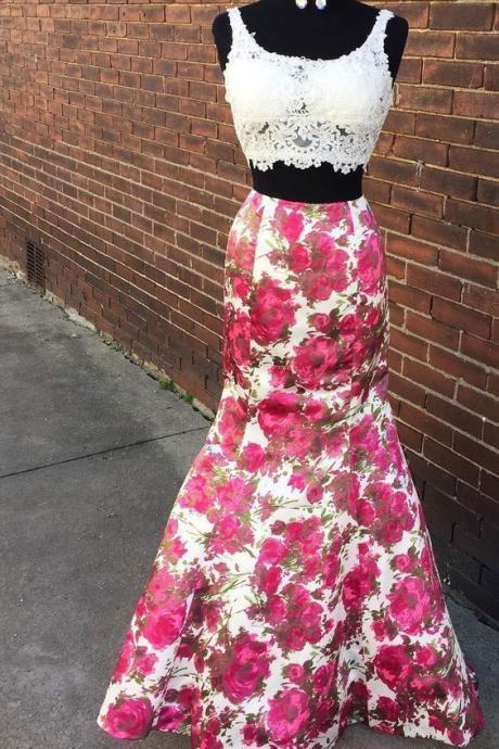 Two Piece Mermaid Print Floral Prom Dresses With Lace M422