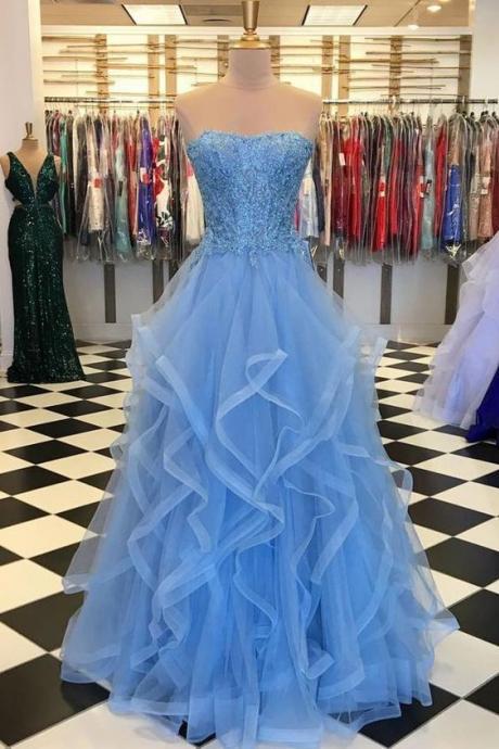 Blue Tulle Lace Long Prom Dress, Blue Tulle Lace Evening Dress M424