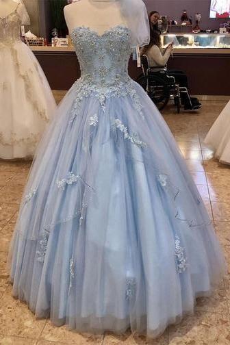 Sweetheart Neck Light Blue Tulle Beaded Strapless Sweet 16 Prom Dress, Ball Gown M425