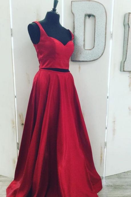 Two Piece Red Satin Long Prom Dress M428