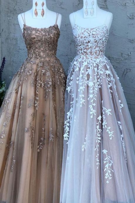 Straps Long Prom Dresses With Lace Appliques M430