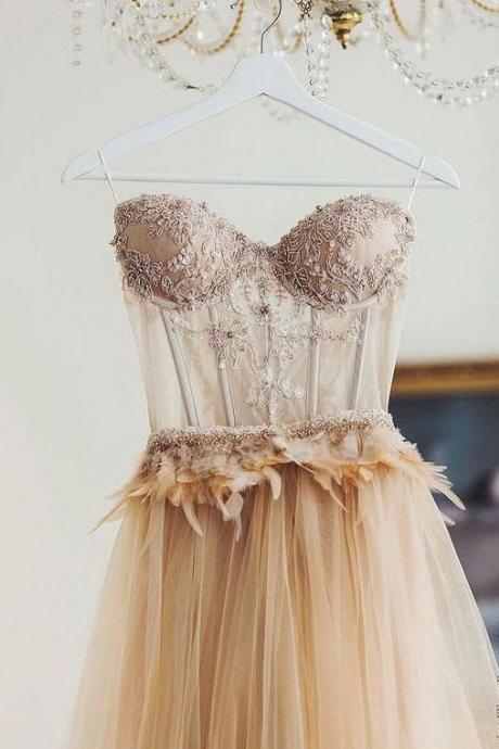 Champagne Sweetheart Lace Tulle Long Prom Dress, Tulle Evening Dress M431