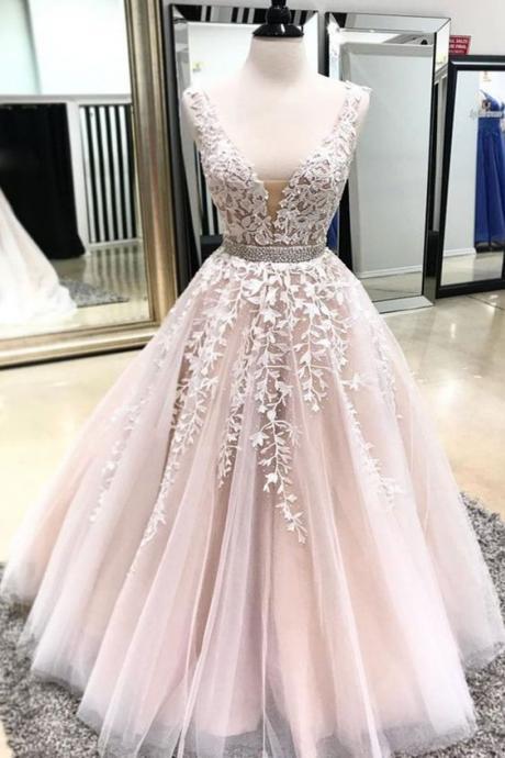 Blush Pink V Neck Open Back Long Beaded Formal Prom Dress With Applique M432