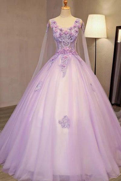Charming Lavender Tulle Flowers Long Prom Dress, Sweet 16 Gowns M436