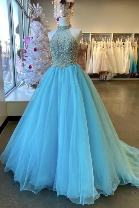 Blue Tulle Beads Long Prom Dress Evening Dress M440