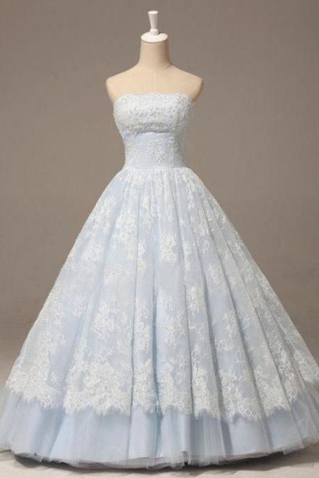 Baby Blue Prom Dress Strapless A-line Lace Applique Quinceañera Dress m441