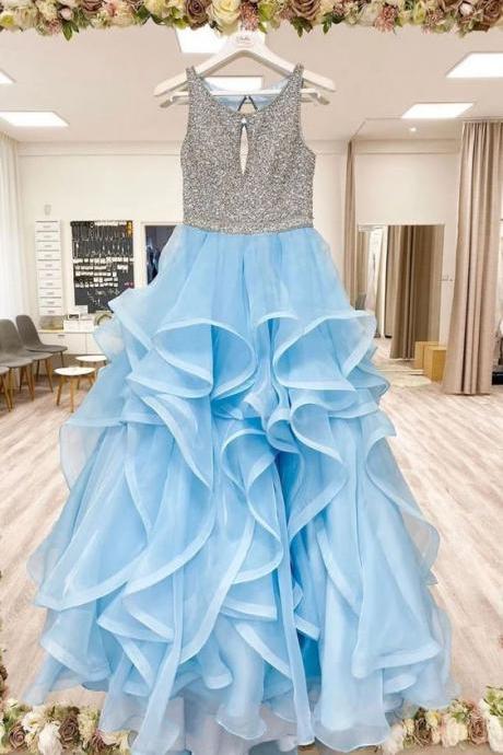 Sky Blue Round Neck Tulle Long Prom Dress A Line Formal Evening Dress M443