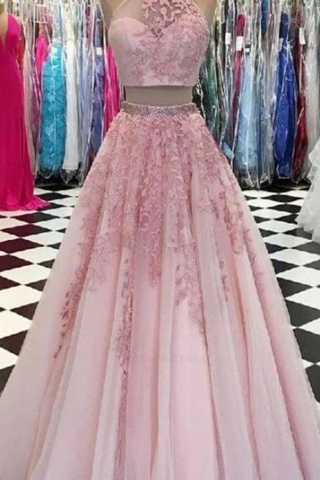 2 Pieces Pink Lace Beaded Prom Dresses, Tulle Prom Dresses M444